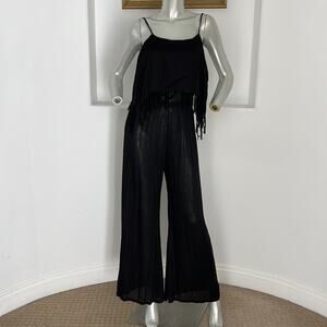 INDAH TENNO  BLACK OVERLAP NECKLINE WITH FRINGE JUMPSUIT BLACK SIZE S